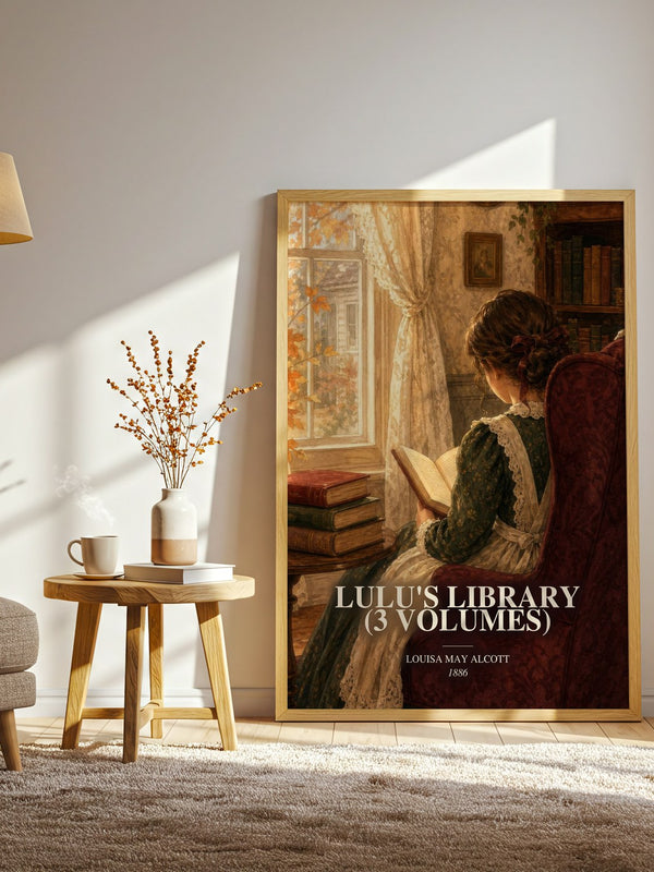 Lulu'S Library (3 Volumes) watercolour print in frame leaning in hallway – childrens wall art