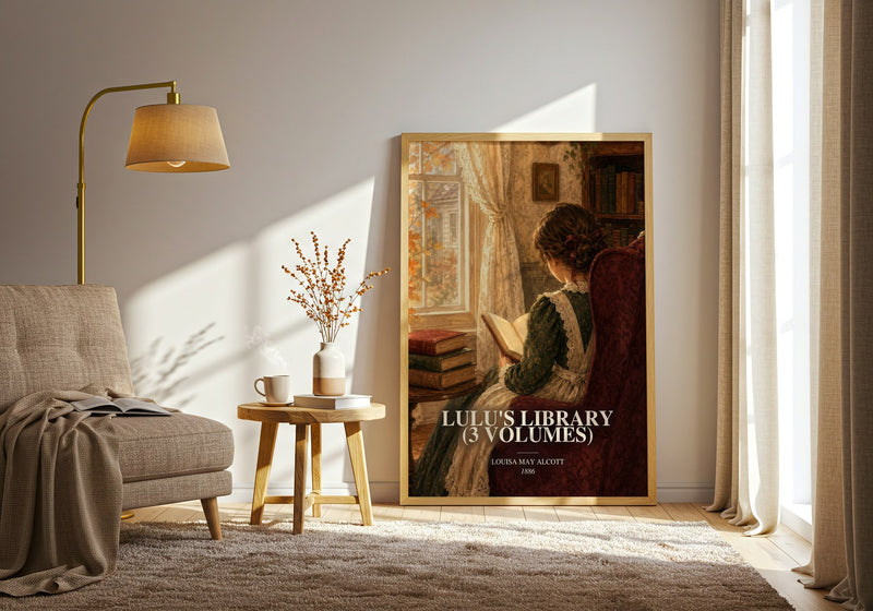 Lulu'S Library (3 Volumes) watercolour print in frame leaning in hallway – childrens wall art