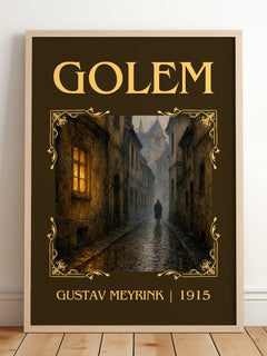 Golem Classic Book Art Print by Gustav Meyrink – framed print leaning on a wooden floor