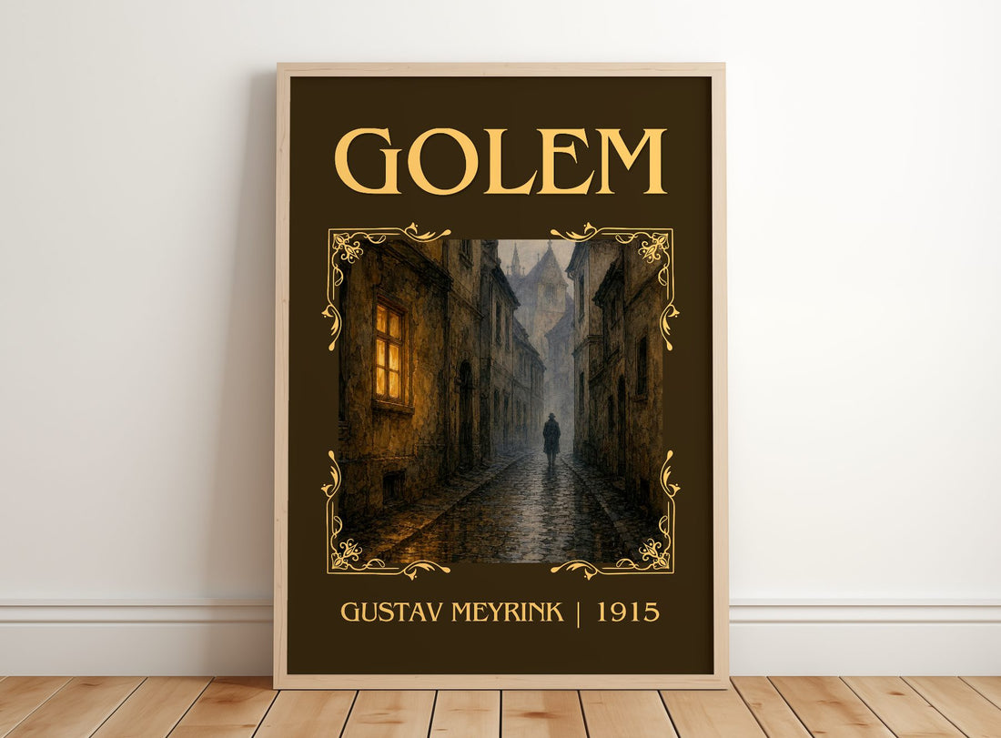 Golem Classic Book Art Print by Gustav Meyrink – framed print leaning on a wooden floor