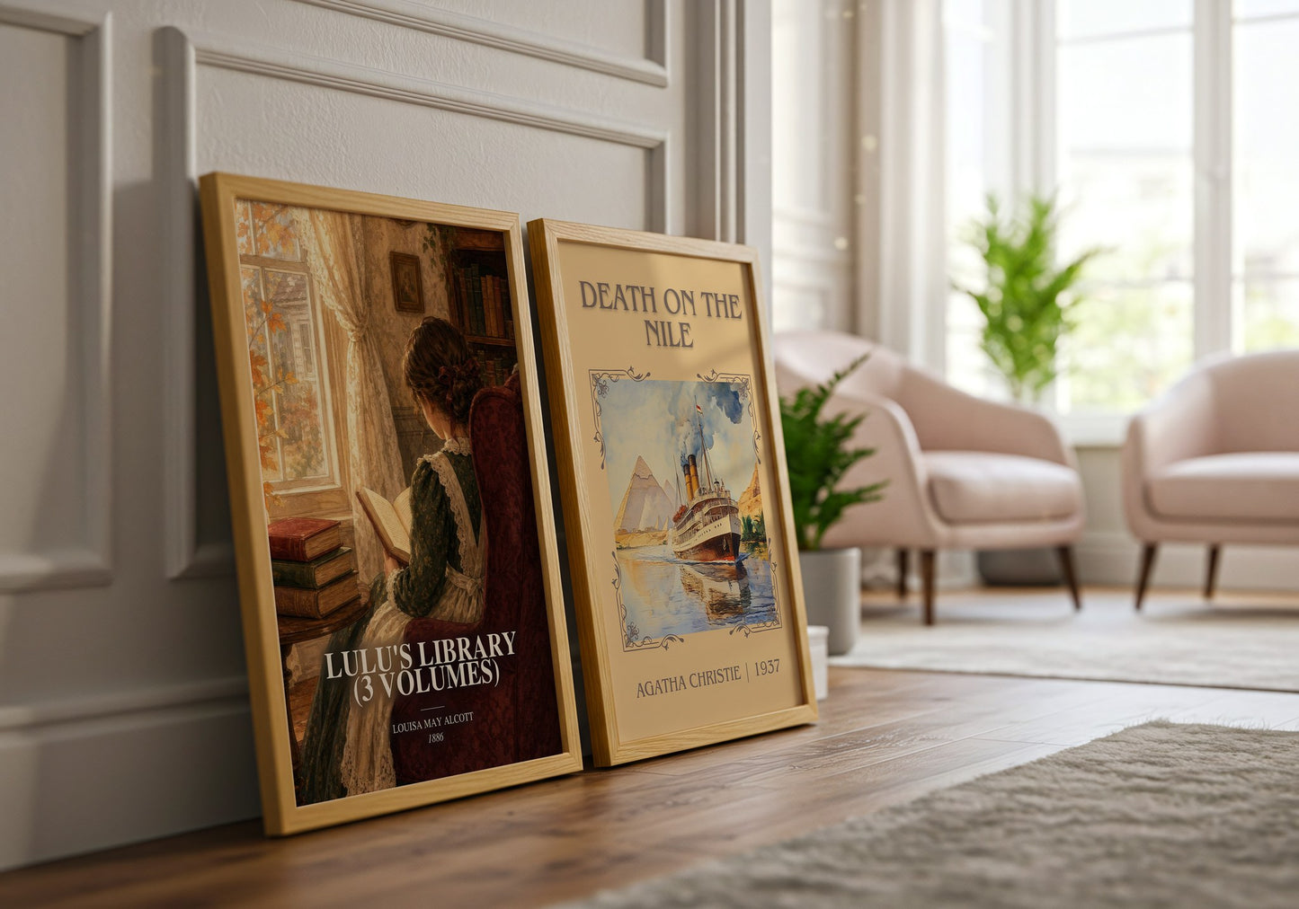 Lulu'S Library (3 Volumes) watercolour print framed by window – literary home decor