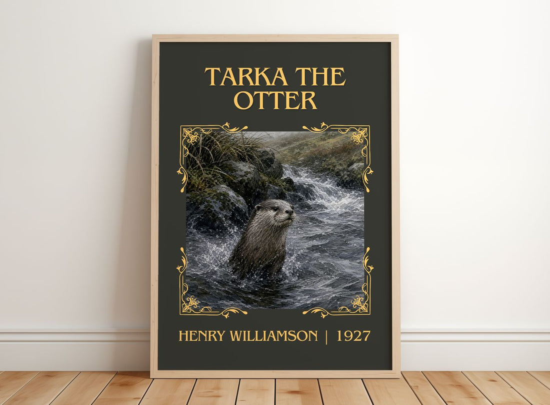 Tarka the Otter Classic Book Art Print by Henry Williamson – framed print leaning on a wooden floor