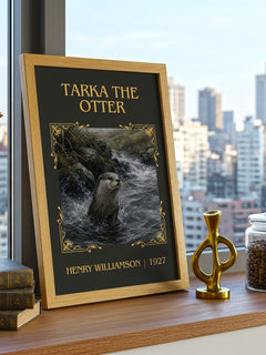 Tarka the Otter Classic Book Art Print by Henry Williamson – framed print on a city-view windowsill