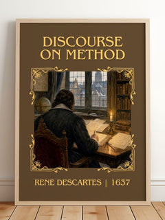 Discourse on Method Classic Book Art Print by Rene Descartes – framed print leaning on a wooden floor
