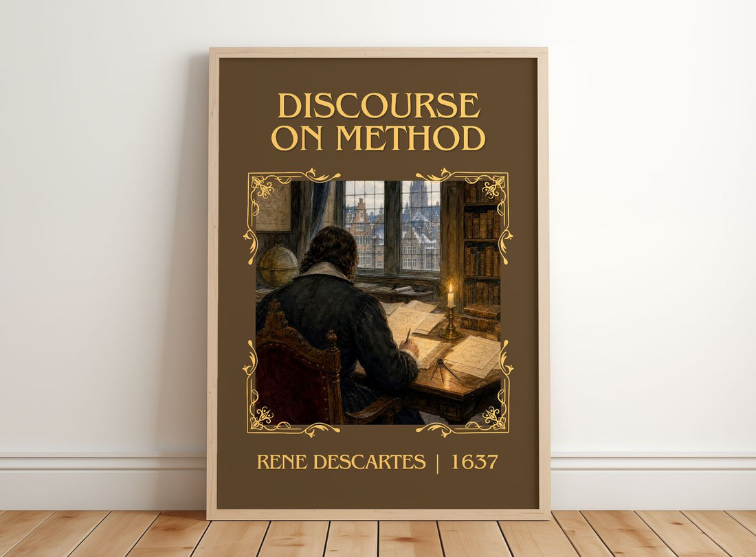 Discourse on Method Classic Book Art Print by Rene Descartes – framed print leaning on a wooden floor