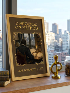 Discourse on Method Classic Book Art Print by Rene Descartes – framed print on a city-view windowsill