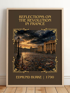 Reflections on the Revolution in France Classic Book Art Print by Edmund Burke – framed print leaning on a wooden floor