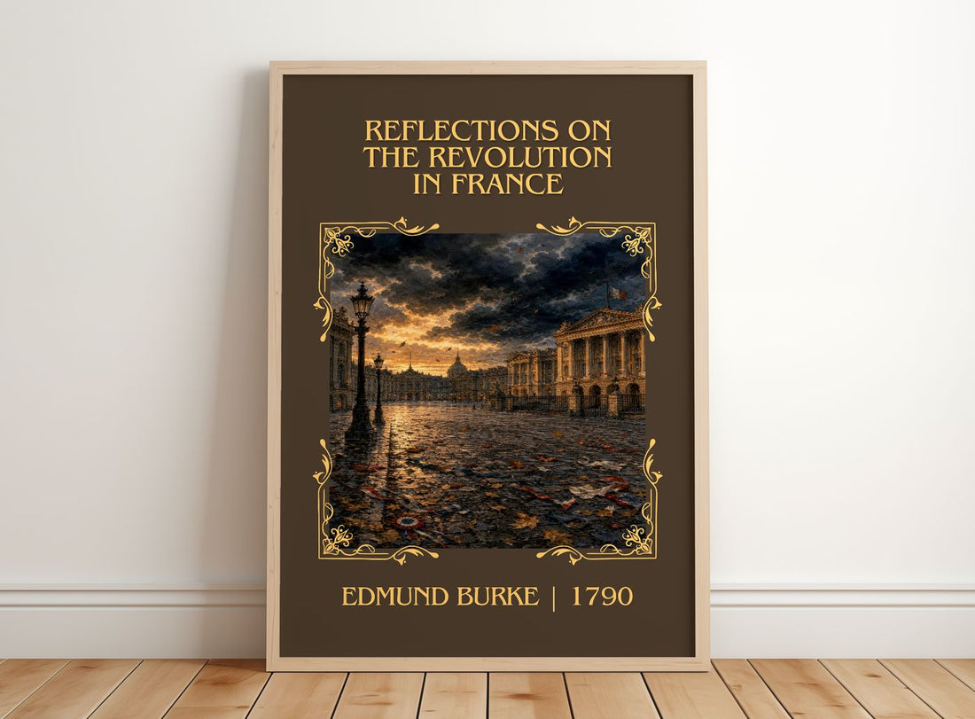 Reflections on the Revolution in France Classic Book Art Print by Edmund Burke – framed print leaning on a wooden floor