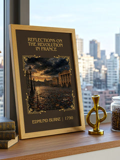 Reflections on the Revolution in France Classic Book Art Print by Edmund Burke – framed print on a city-view windowsill