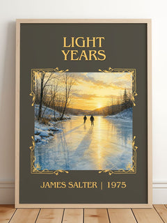 Light Years Classic Book Art Print by James Salter – framed print leaning on a wooden floor