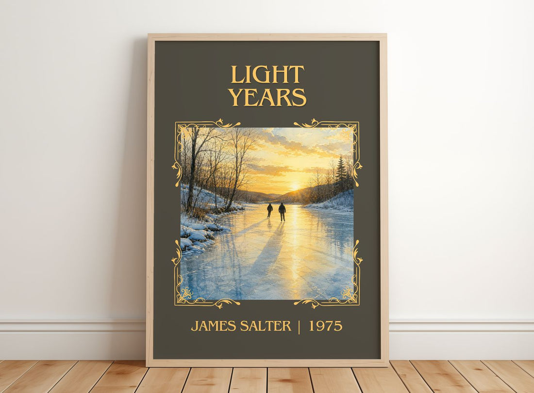 Light Years Classic Book Art Print by James Salter – framed print leaning on a wooden floor