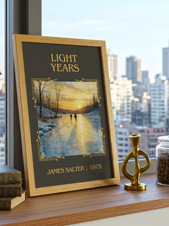 Light Years Classic Book Art Print by James Salter – framed print on a city-view windowsill