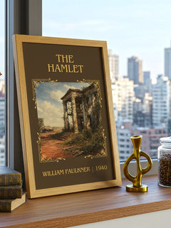 The Hamlet Classic Book Art Print by William Faulkner – framed print on a city-view windowsill