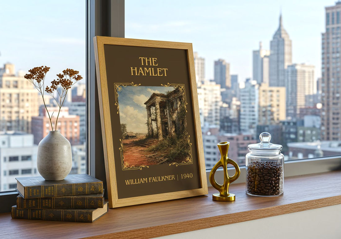 The Hamlet Classic Book Art Print by William Faulkner – framed print on a city-view windowsill