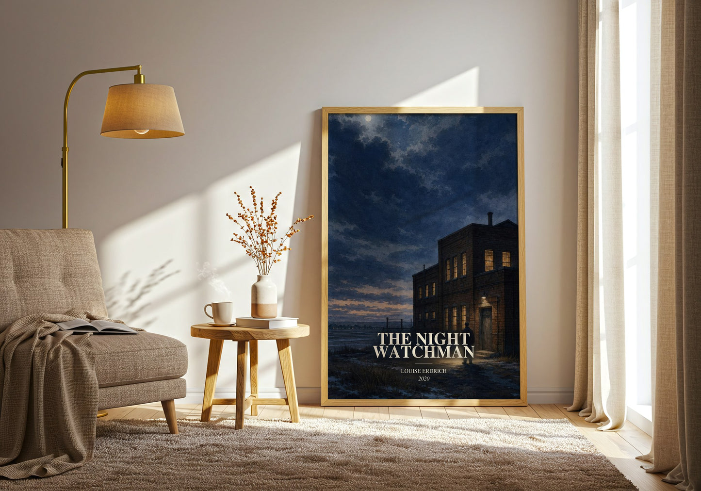 The Night Watchman watercolour print in frame leaning in hallway – literary fiction wall art