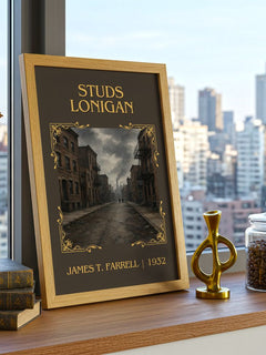 Studs Lonigan Classic Book Art Print by James T. Farrell – framed print on a city-view windowsill