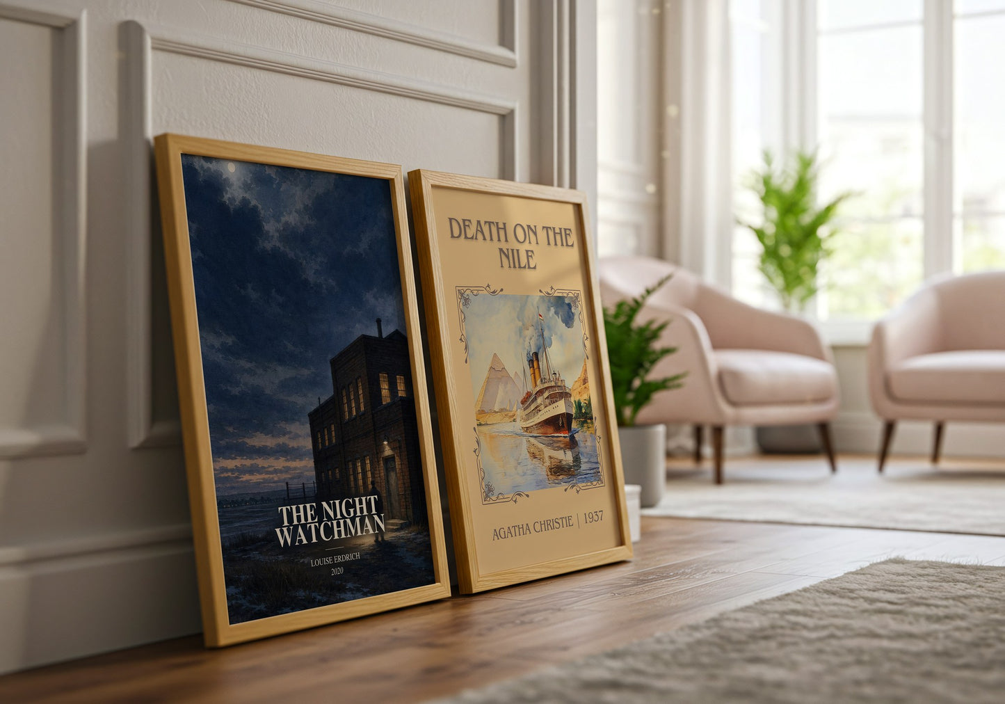 The Night Watchman watercolour print framed by window – literary home decor
