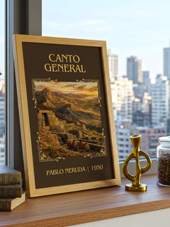 Canto General Classic Book Art Print by Pablo Neruda – framed print on a city-view windowsill