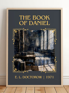 The Book of Daniel Classic Book Art Print by E. L. Doctorow – framed print leaning on a wooden floor