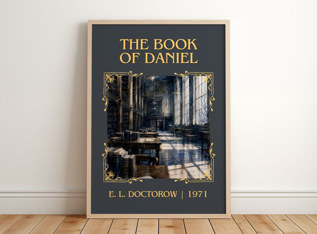 The Book of Daniel Classic Book Art Print by E. L. Doctorow – framed print leaning on a wooden floor