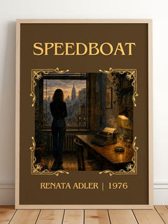 Speedboat Classic Book Art Print by Renata Adler – framed print leaning on a wooden floor