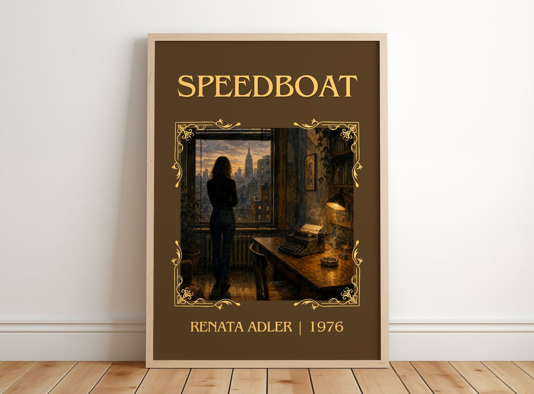 Speedboat Classic Book Art Print by Renata Adler – framed print leaning on a wooden floor