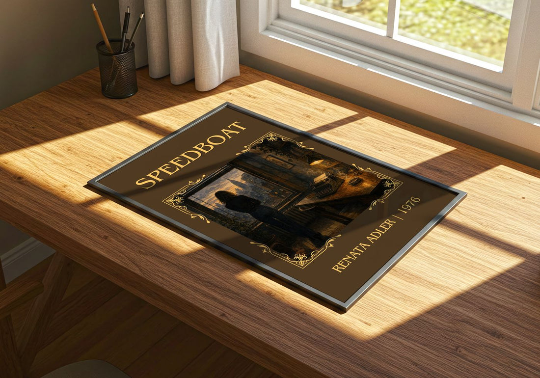 Speedboat Classic Book Art Print by Renata Adler – print on a sunlit desk
