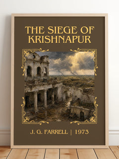The Siege of Krishnapur Classic Book Art Print by J. G. Farrell – framed print leaning on a wooden floor