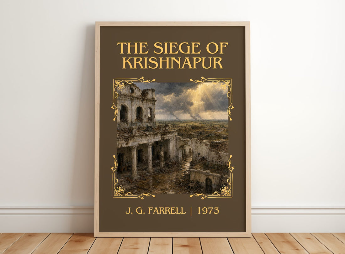 The Siege of Krishnapur Classic Book Art Print by J. G. Farrell – framed print leaning on a wooden floor
