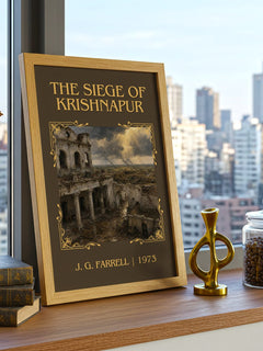 The Siege of Krishnapur Classic Book Art Print by J. G. Farrell – framed print on a city-view windowsill
