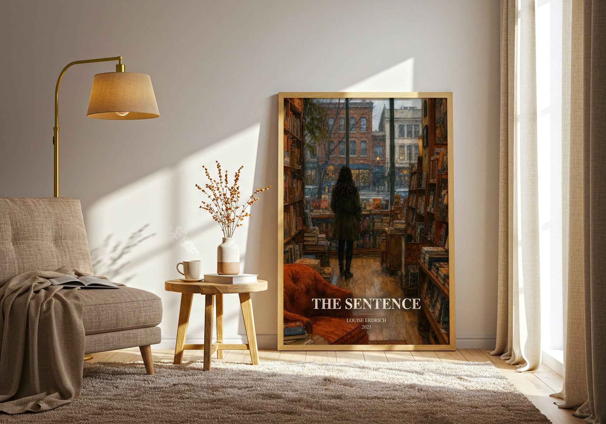 The Sentence watercolour print in frame leaning in hallway – literary fiction wall art