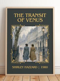 The Transit of Venus Classic Book Art Print by Shirley Hazzard – framed print leaning on a wooden floor