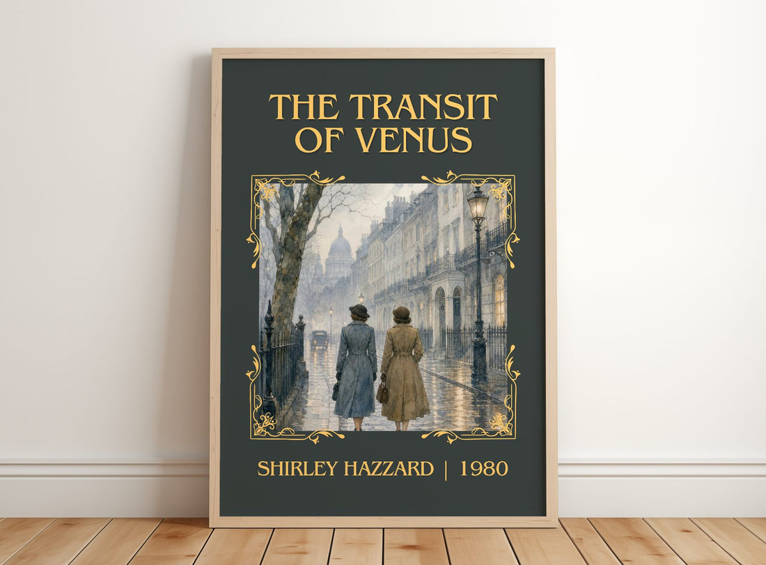The Transit of Venus Classic Book Art Print by Shirley Hazzard – framed print leaning on a wooden floor