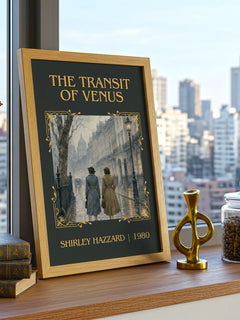 The Transit of Venus Classic Book Art Print by Shirley Hazzard – framed print on a city-view windowsill