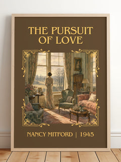 The Pursuit Of Love Classic Book Art Print by Nancy Mitford – framed print leaning on a wooden floor