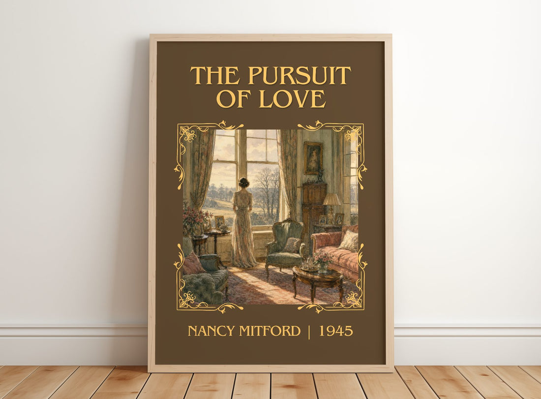 The Pursuit Of Love Classic Book Art Print by Nancy Mitford – framed print leaning on a wooden floor