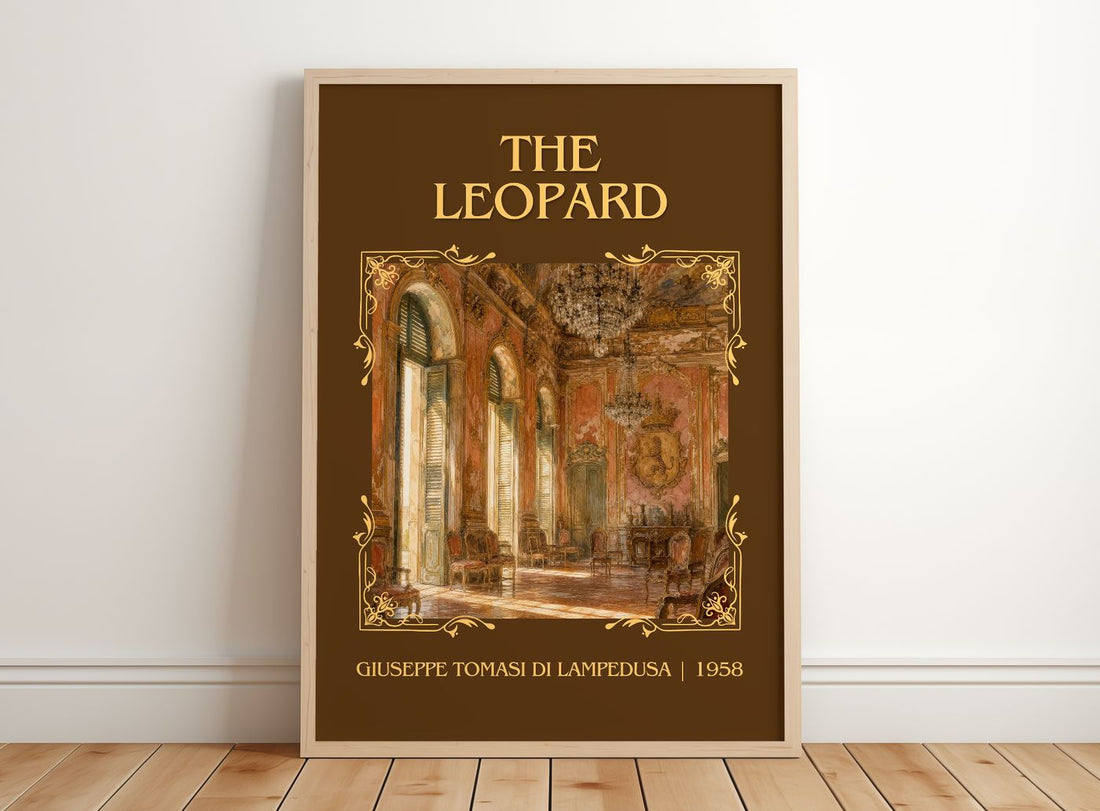 The Leopard Classic Book Art Print by Giuseppe Tomasi di Lampedusa – framed print leaning on a wooden floor