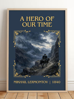 A Hero of Our Time Classic Book Art Print by Mikhail Lermontov – framed print leaning on a wooden floor