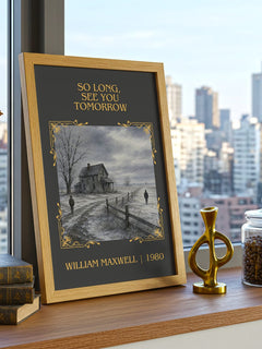 So Long, See You Tomorrow Classic Book Art Print by William Maxwell – framed print on a city-view windowsill