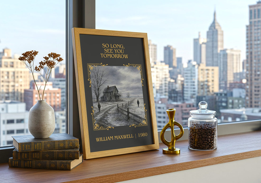 So Long, See You Tomorrow Classic Book Art Print by William Maxwell – framed print on a city-view windowsill