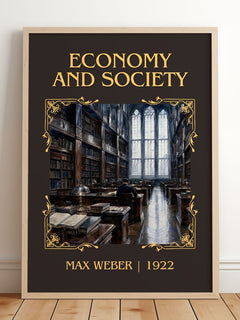 Economy and Society Classic Book Art Print by Max Weber – framed print leaning on a wooden floor