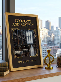 Economy and Society Classic Book Art Print by Max Weber – framed print on a city-view windowsill