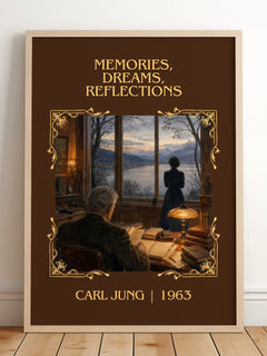 Memories, Dreams, Reflections Classic Book Art Print by Carl Jung – framed print leaning on a wooden floor