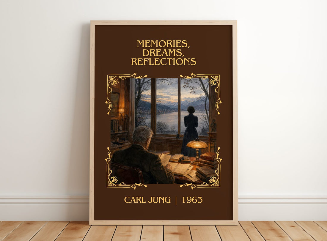 Memories, Dreams, Reflections Classic Book Art Print by Carl Jung – framed print leaning on a wooden floor