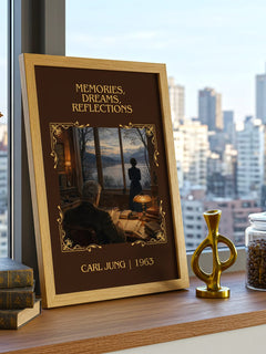 Memories, Dreams, Reflections Classic Book Art Print by Carl Jung – framed print on a city-view windowsill