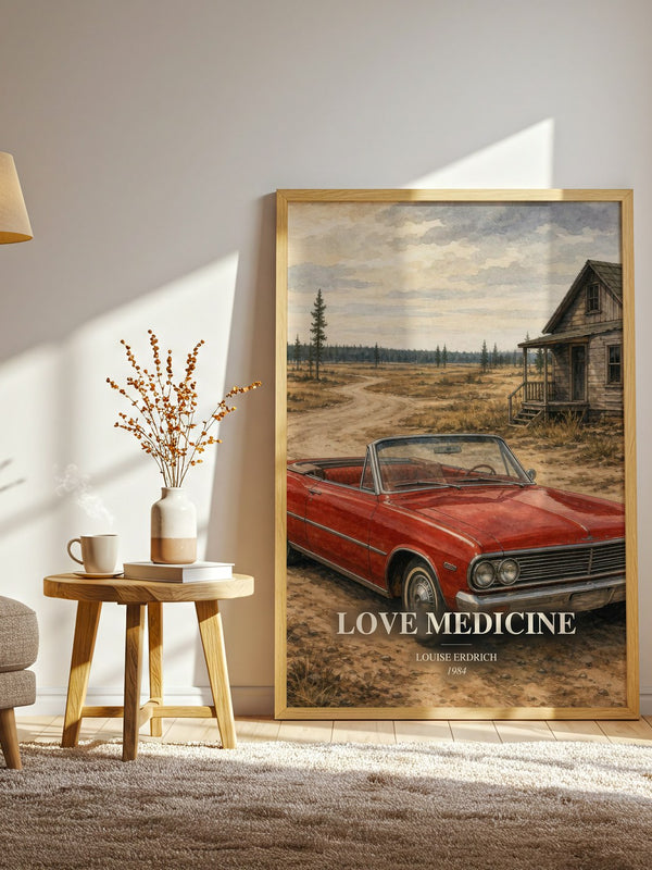 Love Medicine watercolour print in frame leaning in hallway – literary fiction wall art