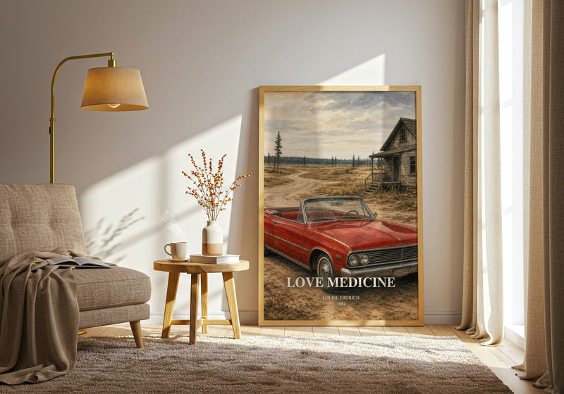 Love Medicine watercolour print in frame leaning in hallway – literary fiction wall art