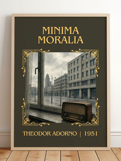 Minima Moralia Classic Book Art Print by Theodor Adorno – framed print leaning on a wooden floor