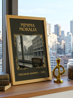 Minima Moralia Classic Book Art Print by Theodor Adorno – framed print on a city-view windowsill