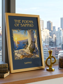 The Poems of Sappho Classic Book Art Print by Sappho – framed print on a city-view windowsill